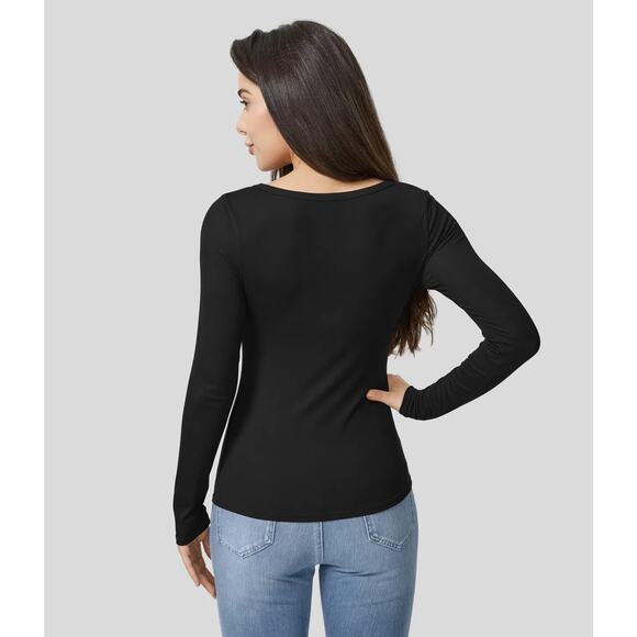Halara Ribbed Henley Long Sleeve Slim Black Top Size Small NWT - Picture 2 of 9